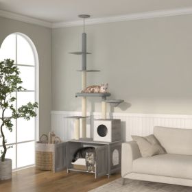 PawHut Cat Tree With Litter Box Enclosure, 2 In 1 Floor To Ceiling Cat Tower Litter Box Furniture With Condo, Bed, Hammock, Scratching Posts, And (Option: Grey)