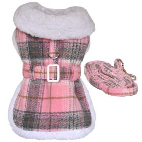 Sherpa-Lined Plaid Dog Harness Coat with Matching Leash – Pink & White (Option: Small)
