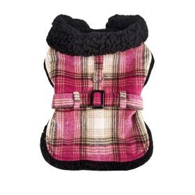Sherpa-Lined Plaid Dog Harness Coat with Matching Leash – Hot Pink & Tan (Option: X-Small)